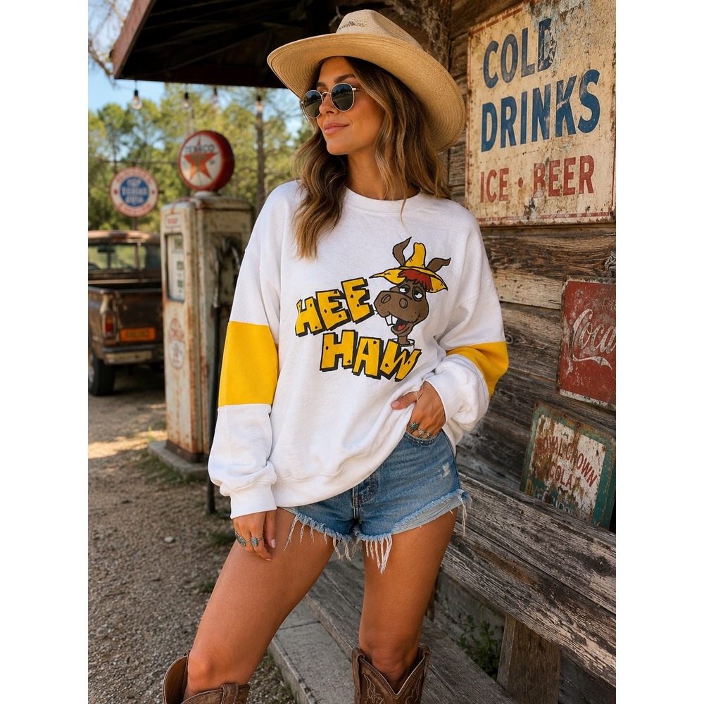 Vintage Hee Haw Graphic Sweatshirt White Yellow Stripe Donkey Country TV Show